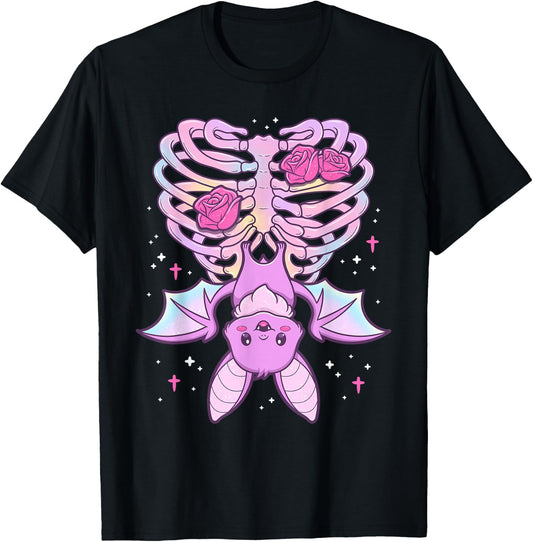 Kawaii Pastel Goth Cute Creepy Bat Skeleton T-Shirt - T-Shirt | Black