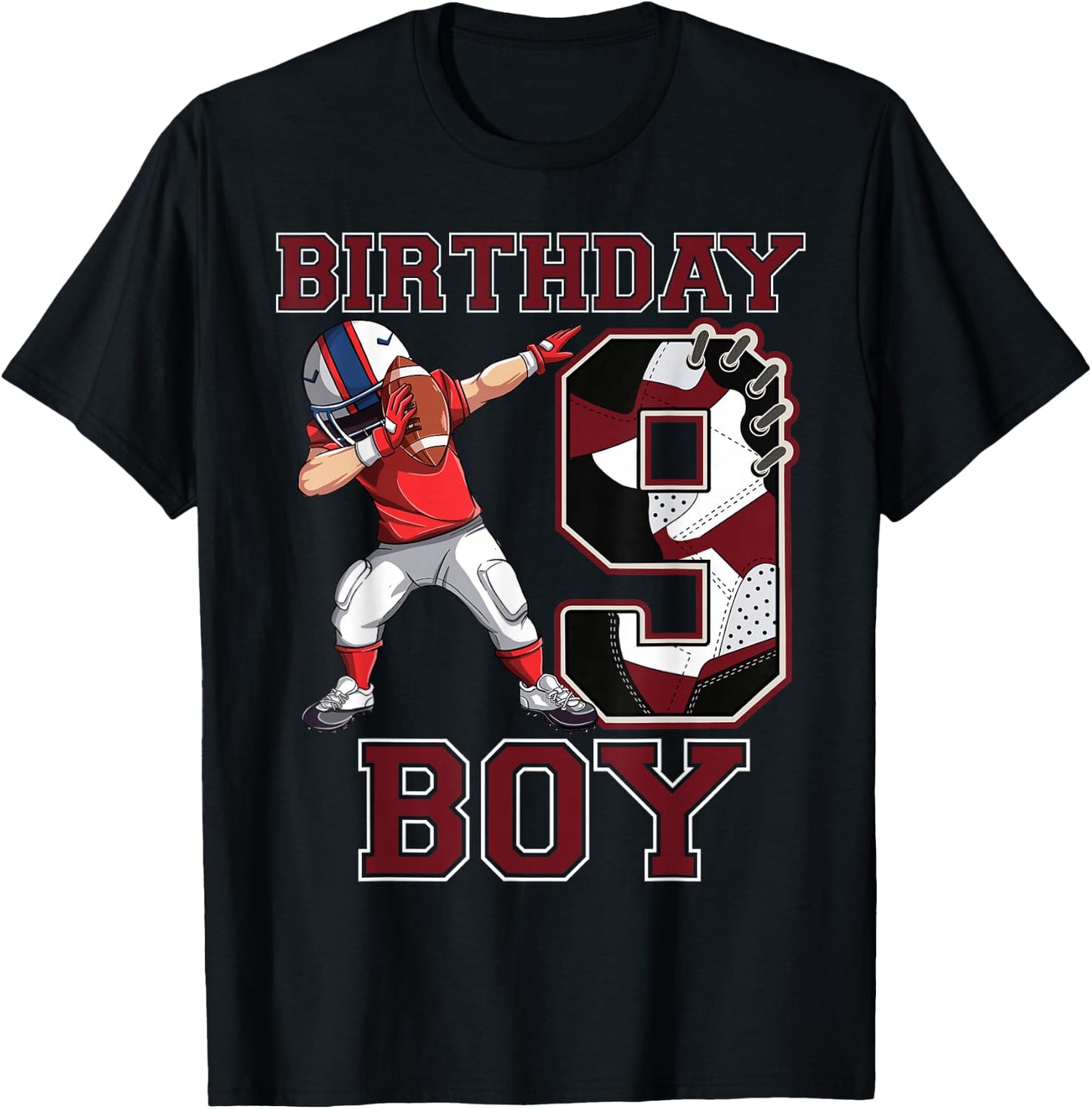 Football Boy Dabbing 9th Birthday Love Sneakers 9 Year Old T-Shirt - T-Shirt | Black