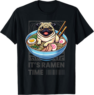 Funny Japanese Ramen Pug Noodles Kawaii Bowl Boys Girls Kids T-Shirt - T-Shirt | Black