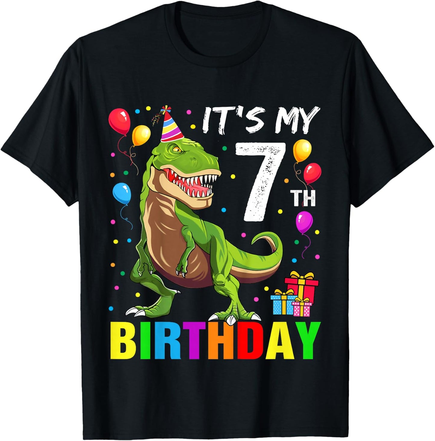 Kids It's My 7th Birthday Happy 7 Year T-Rex Boys T-Shirt - T-Shirt | Black