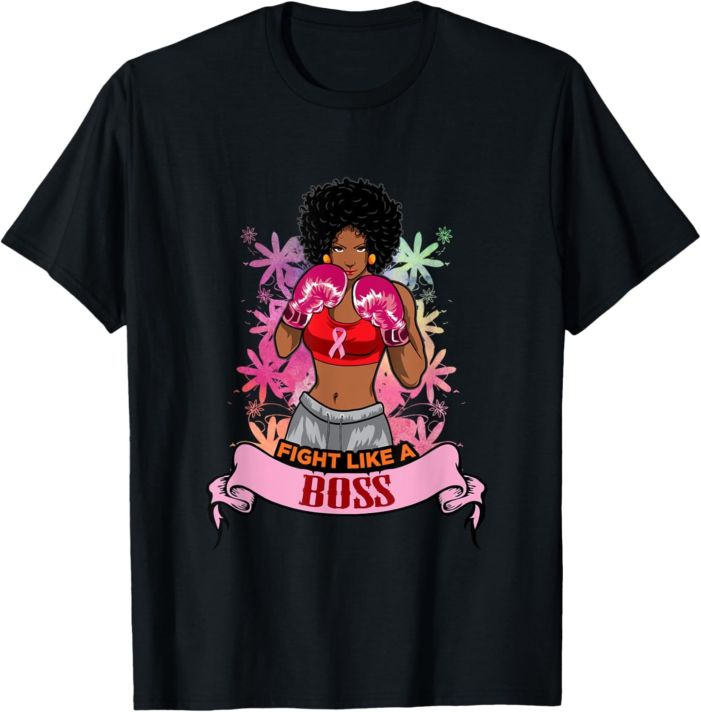 Black Girl Pink Warrior Breast Cancer Awareness Boxing T-Shirt - T-Shirt | Black