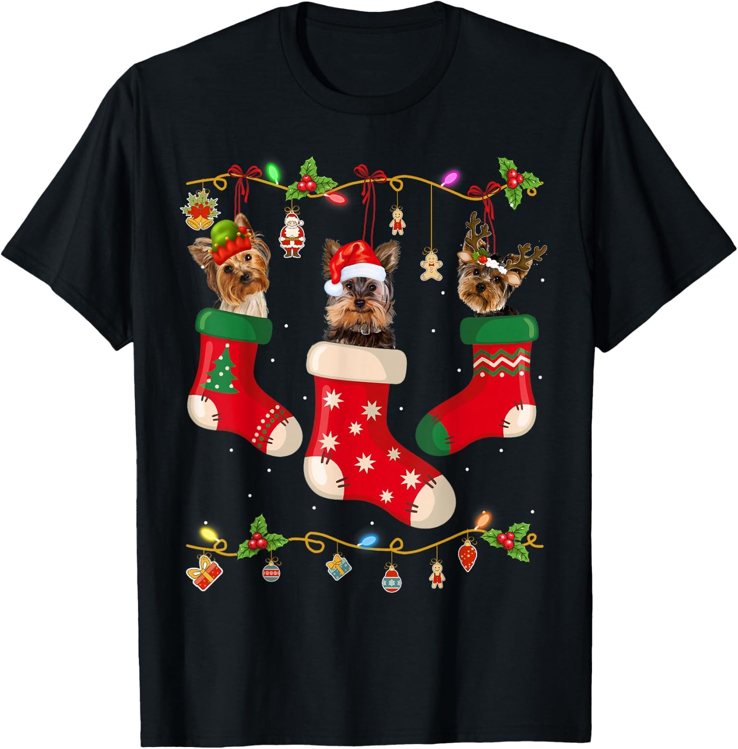 Yorkie In Socks Christmas Shirt Dog Lover Sweater Xmas T-Shirt - T-Shirt | Black