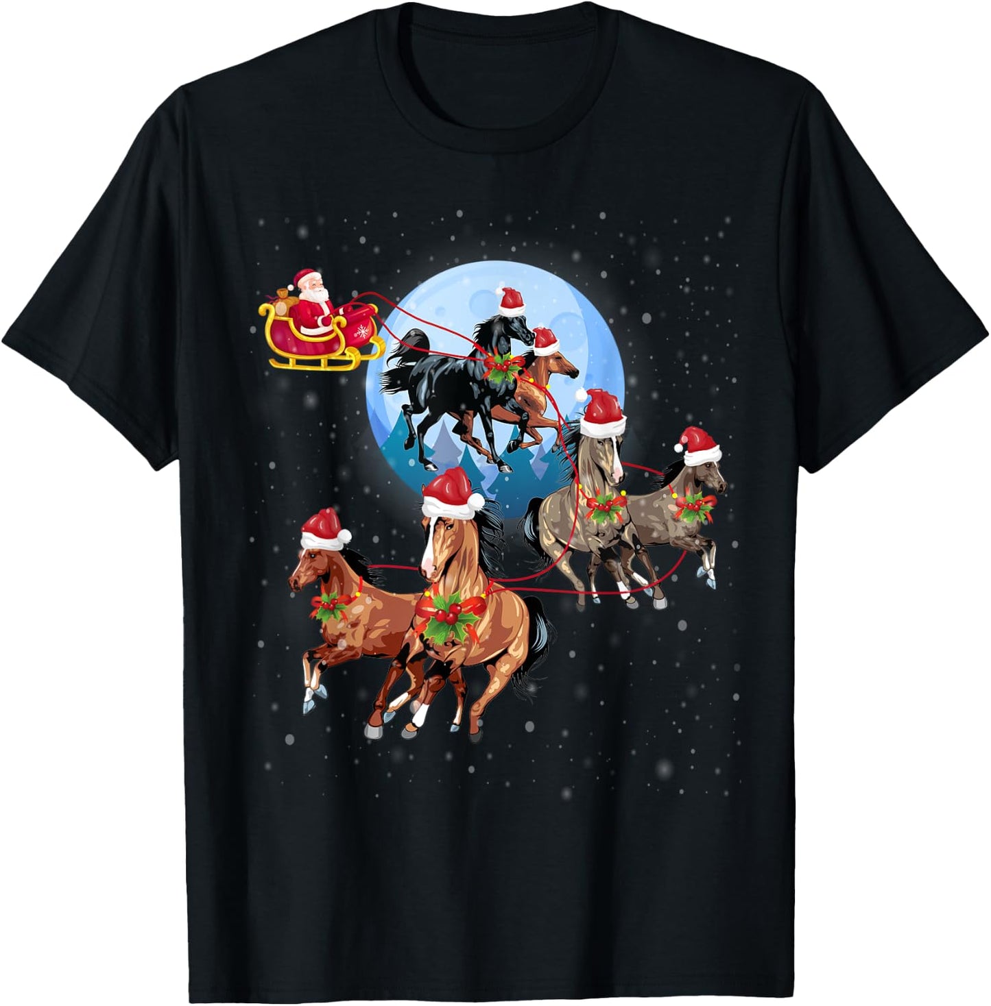 Horse Drawn Sleigh Riding Santa Claus Xmas Horses Funny T-Shirt - T-Shirt | Black