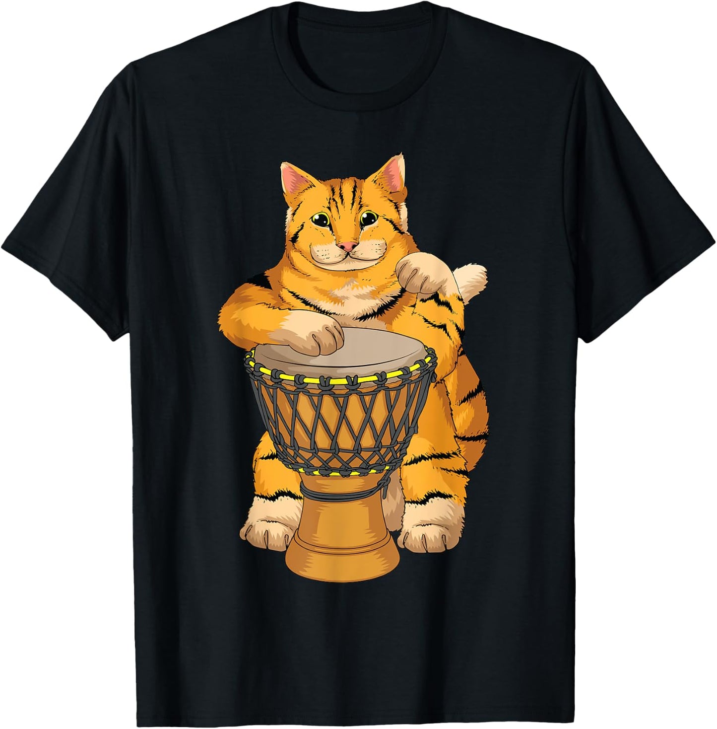Funny Cat Playing Djembe Gift | Cute Kitten Musician Fan T-Shirt - T-Shirt | Black