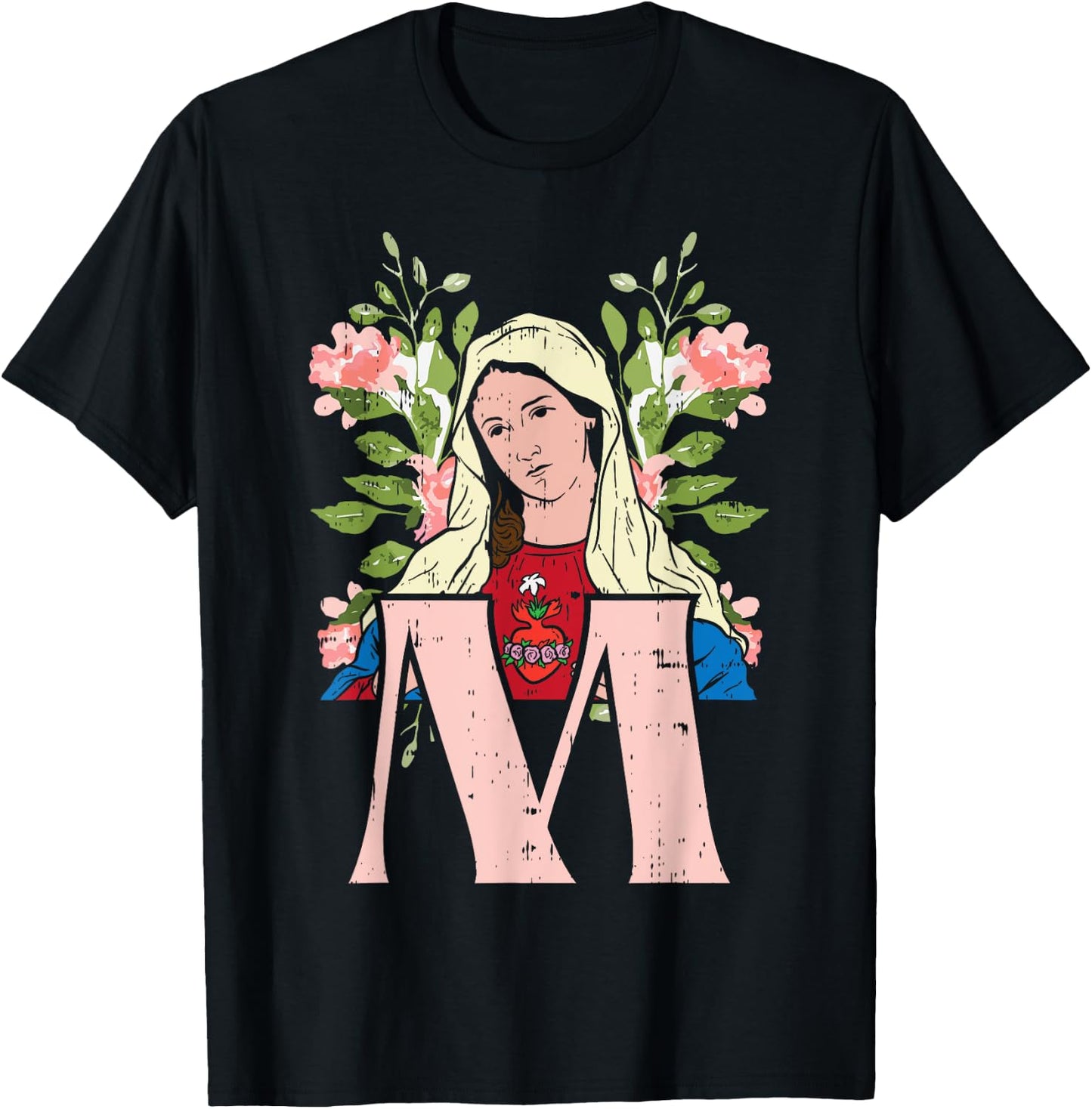 M Mary Virgin Sacred Heart Jesus Religious Catholic Gift T-Shirt - T-Shirt | Black