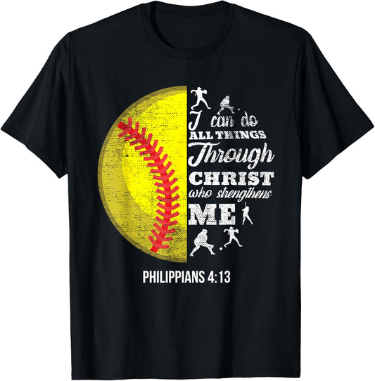Philippians 4:13 Christian Softball Funny Bible Verse Gift T-Shirt - T-Shirt | Black