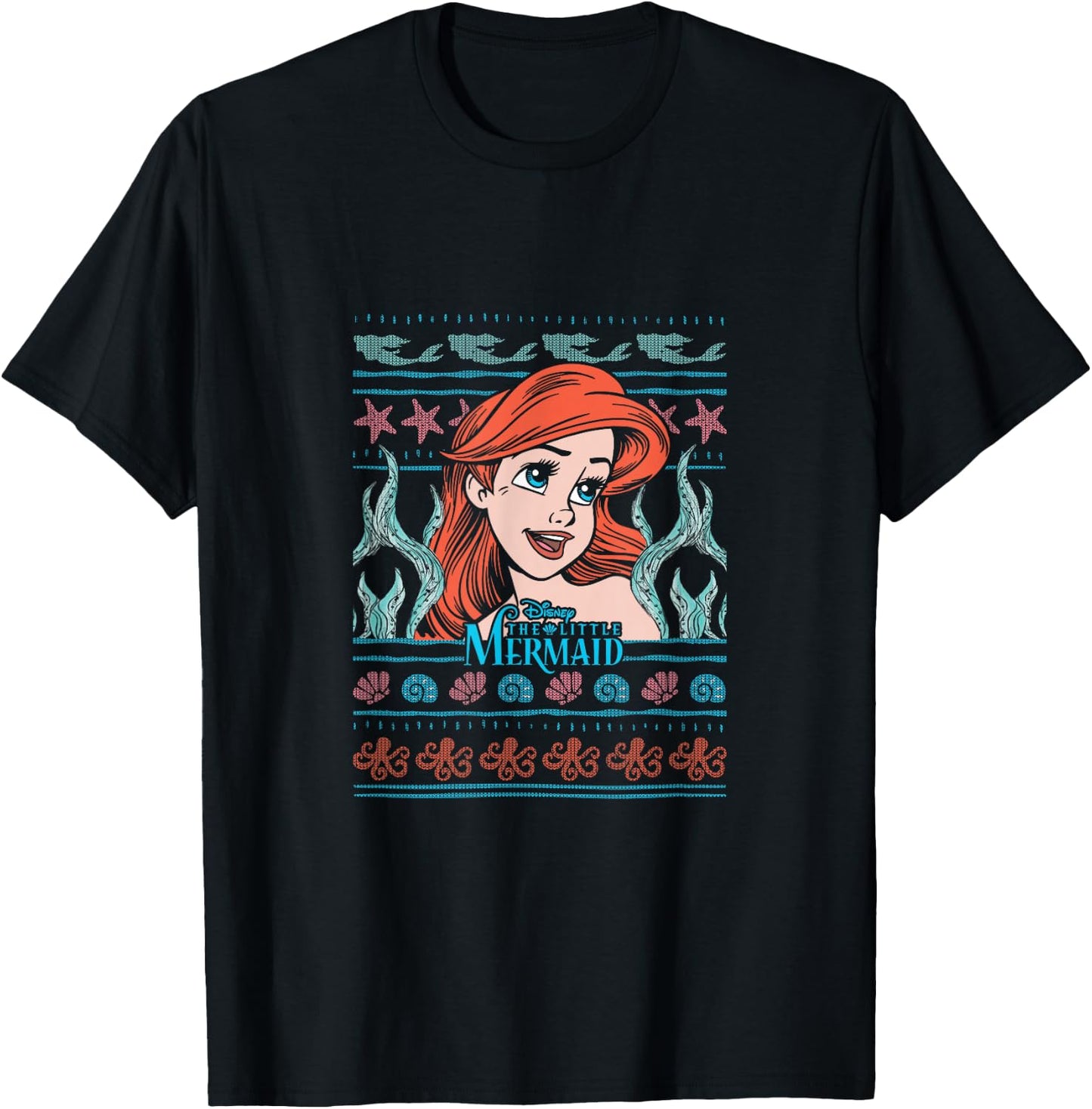 Disney Christmas The Little Mermaid Ariel Ugly Sweater T-Shirt - T-Shirt | Black