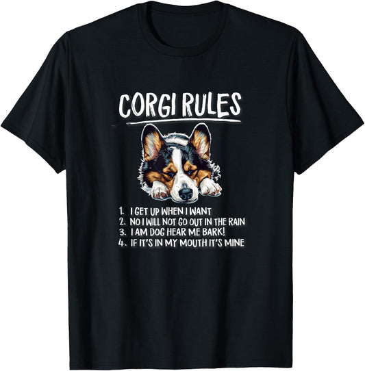 Funny Rules Napping Black Pembroke Tricolor Corgi Lover T-Shirt - T-Shirt | Black