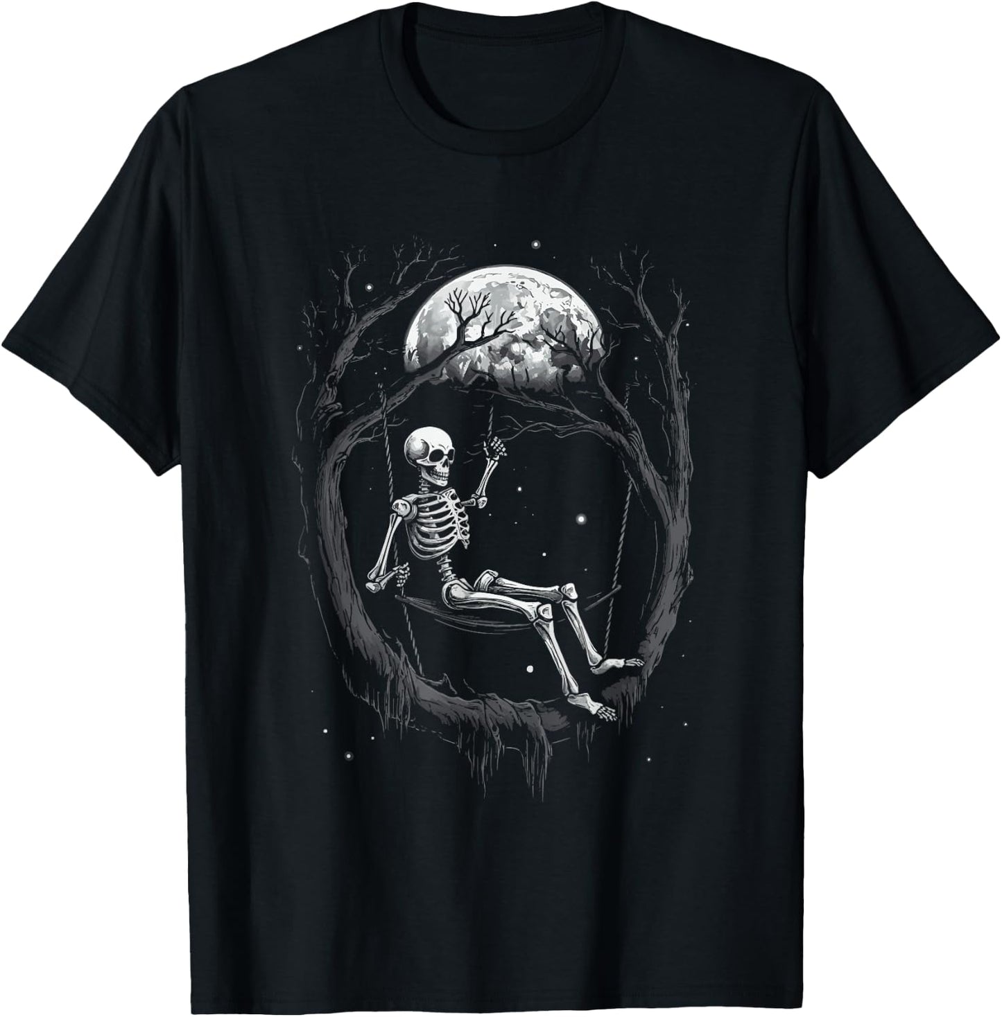 Skeleton Swinging on Moon T-Shirt - T-Shirt | Black