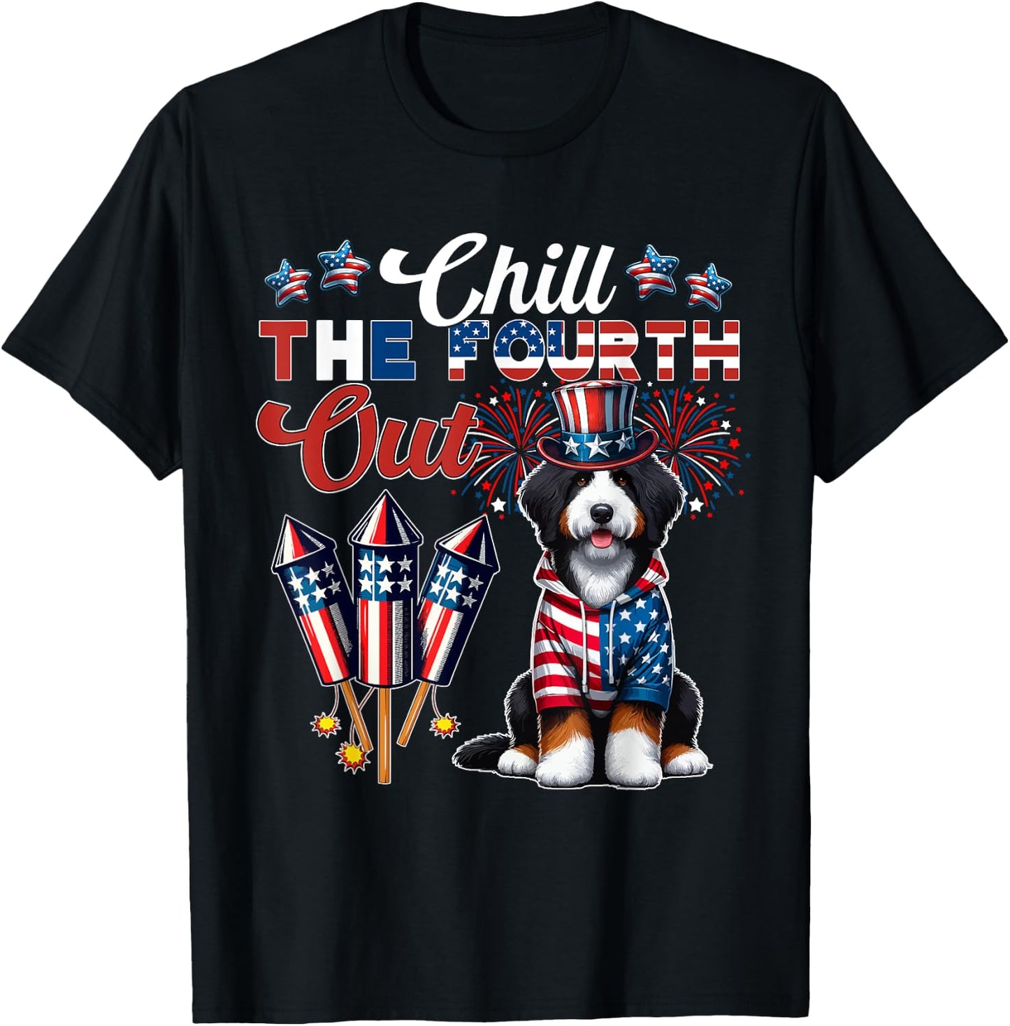 Chill The Fourth Out Costume 4th Of July Cute Bernedoodle T-Shirt - T-Shirt | Black