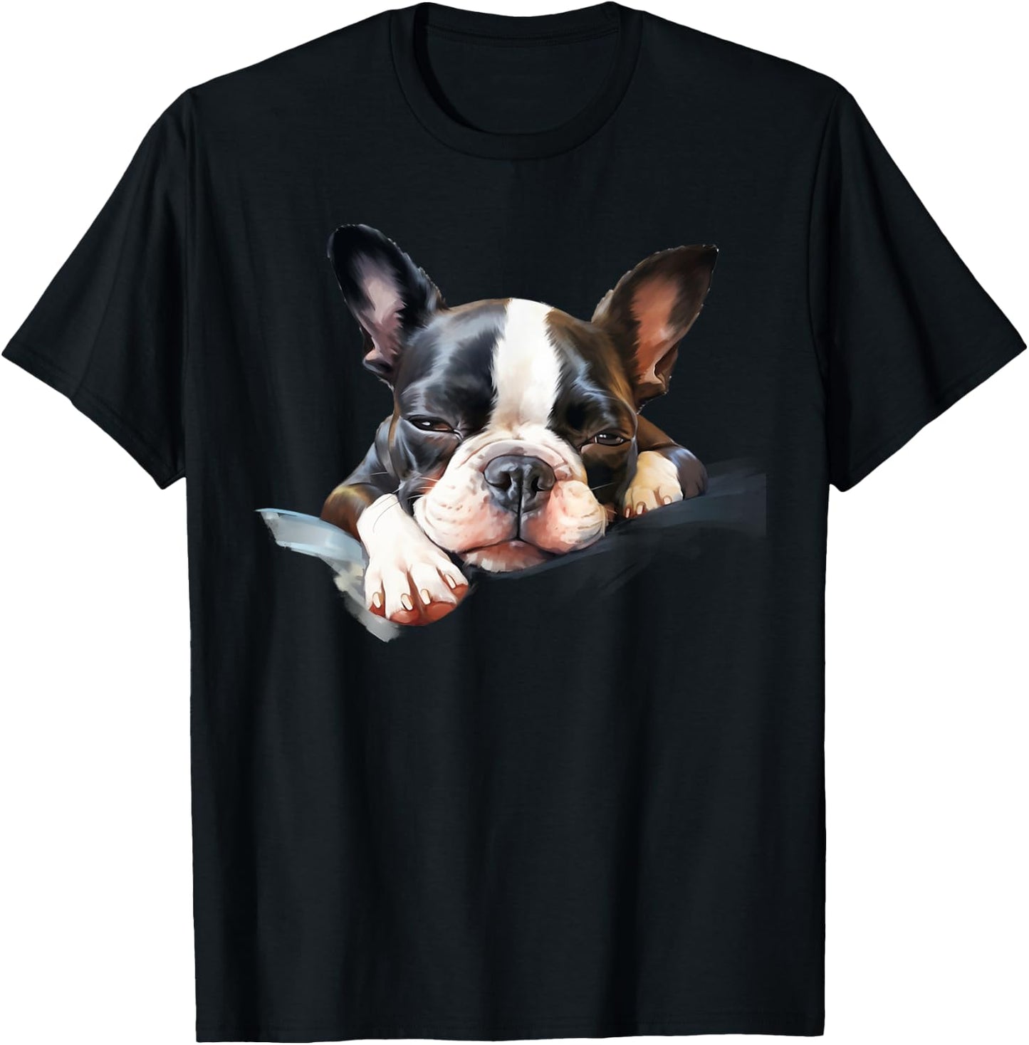 Colorful Sketch Oil Painting Of A Boston Terrier Dog Sleep T-Shirt - T-Shirt | Black