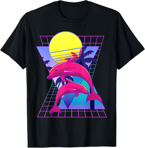 Vaporwave Dolphins Retro 80s Aesthetic T-Shirt - T-Shirt | Black