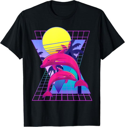 Vaporwave Dolphins Retro 80s Aesthetic T-Shirt - T-Shirt | Black