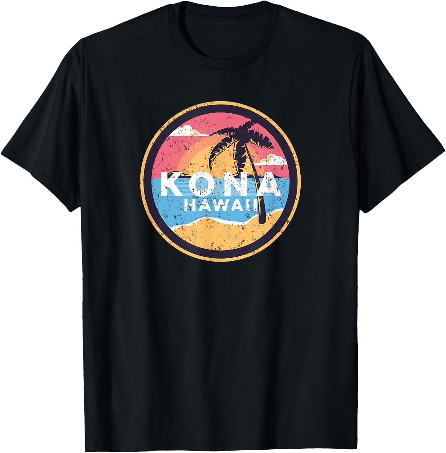 Kona Hawaii Vintage Distressed Surfer Beach Palm Tree Sunset T-Shirt - T-Shirt | Black