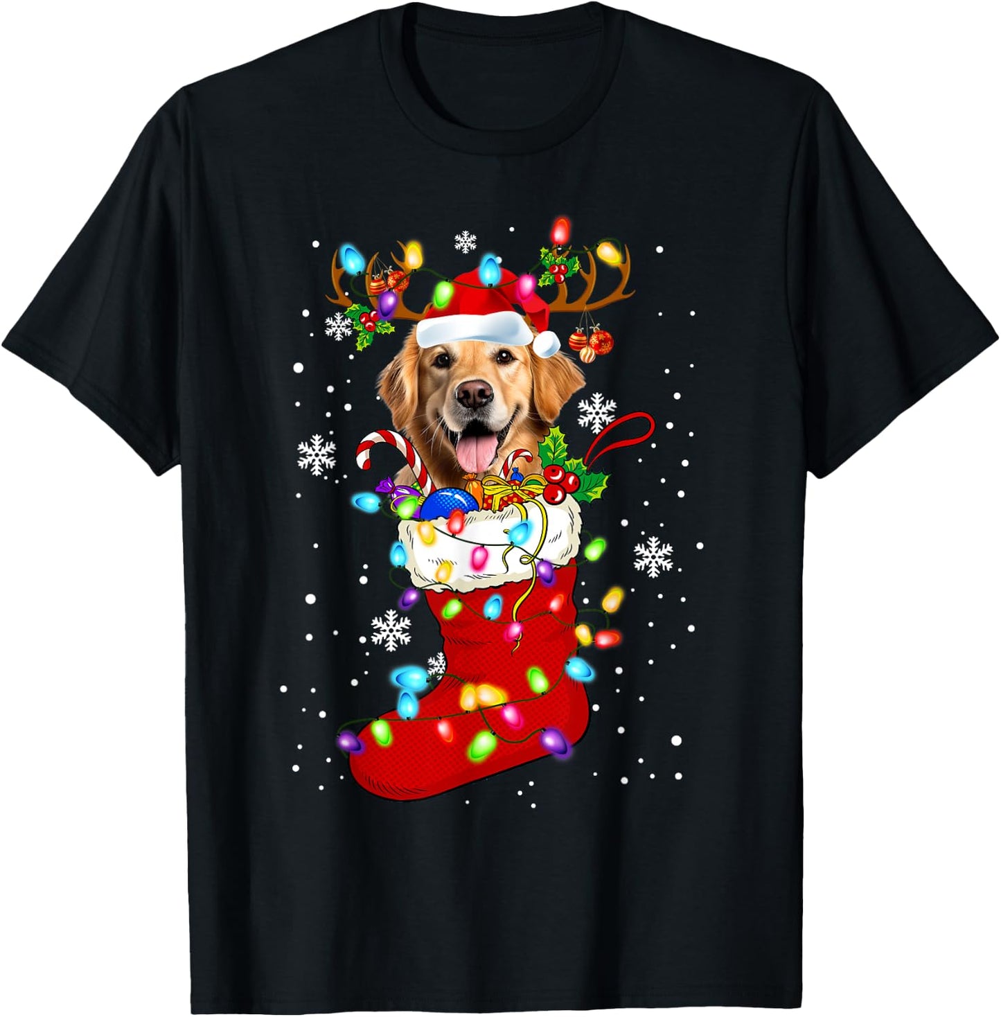 Santa Golden retriever In Christmas Socks Lover Kids Family T-Shirt - T-Shirt | Black