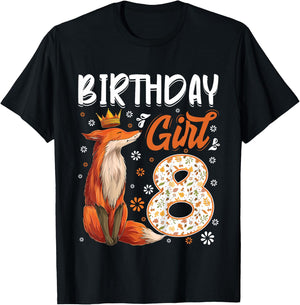Kids Fox Animal Lovers 8th Birthday Girl Fox B-Day 8 Year Old T-Shirt - T-Shirt | Black