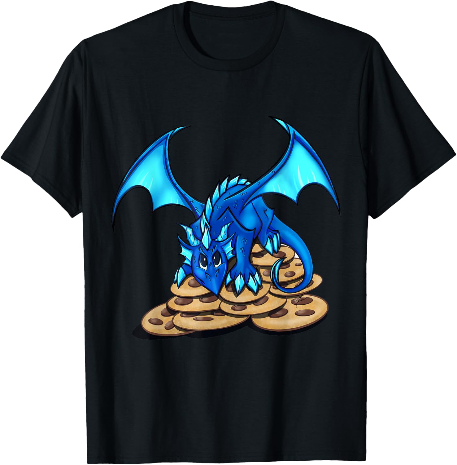 Cute Blue Dragon and His Cookie Treasure Hoard T-Shirt - T-Shirt | Black
