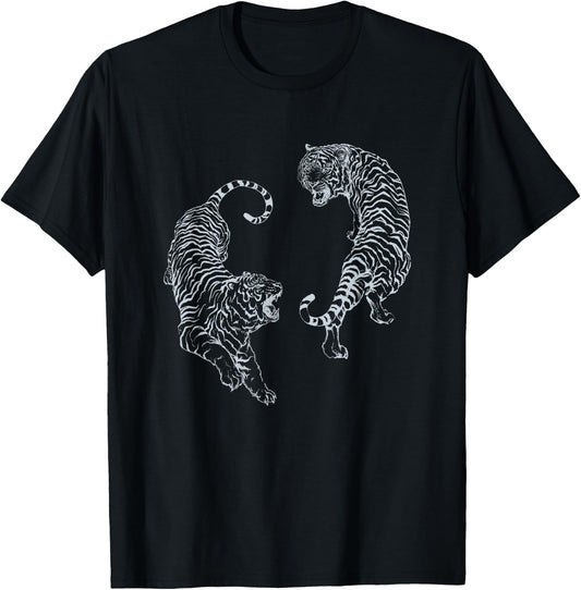 Vintage Tiger Aesthetic Tattoo Art Twin Tigers T-Shirt - T-Shirt | Black