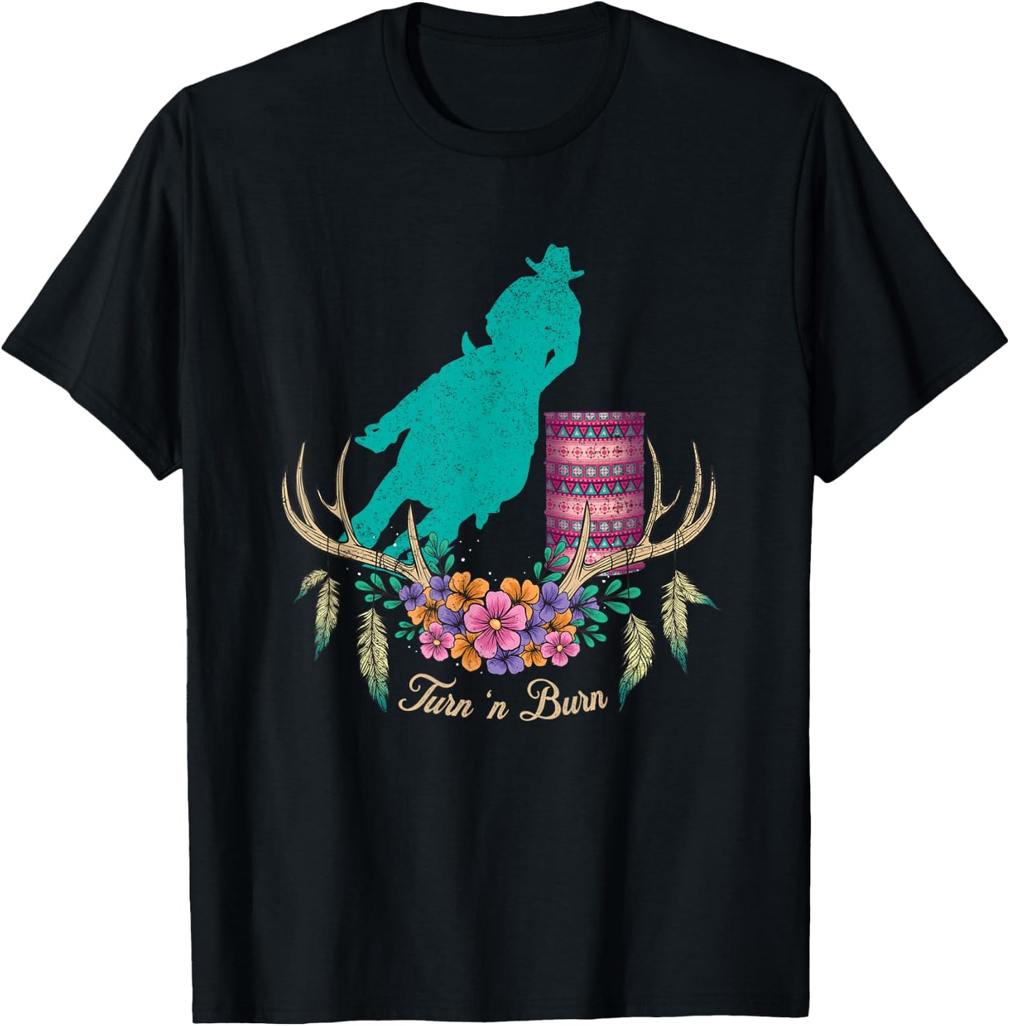 Boho Barrel Racer Turn and Burn Barrel Racing Rodeo Cowgirl T-Shirt - T-Shirt | Black