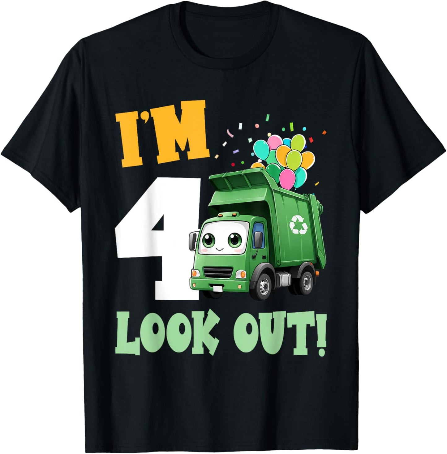 4th Birthday I'm 4 Look Out Garbage Truck Bday Boys Kids T-Shirt - T-Shirt | Black