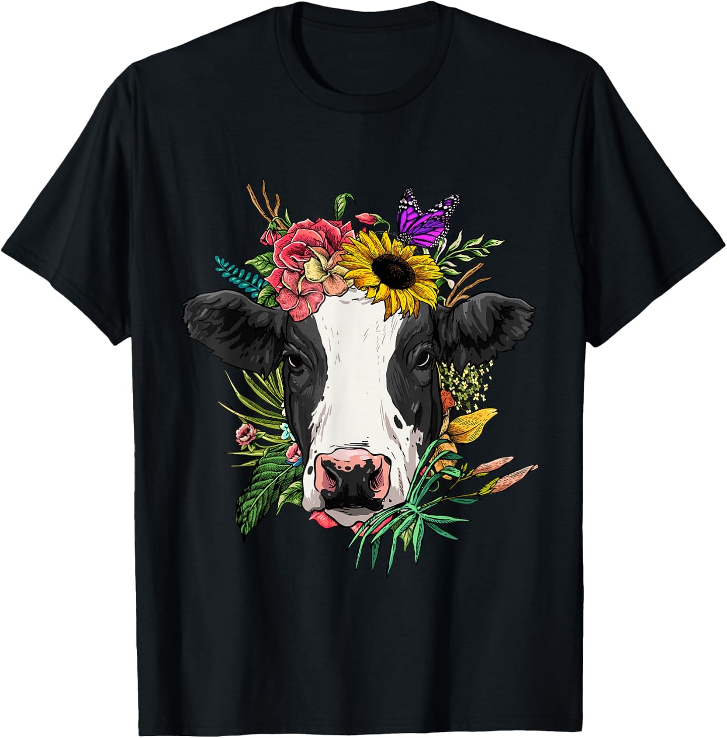 Floral Cow Head Spring Nature Lovers Farmer T-Shirt - T-Shirt | Black