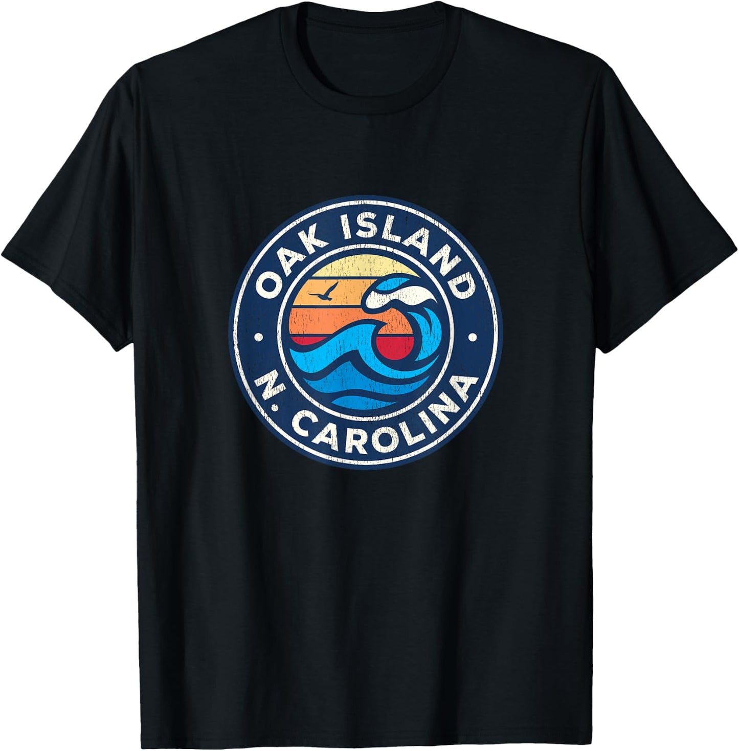 Oak Island North Carolina NC Vintage Nautical Waves Design T-Shirt - T-Shirt | Black