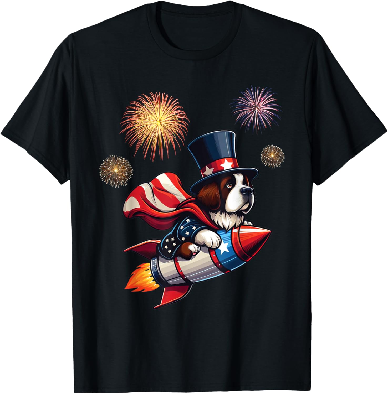 Saint Bernard Rocket Fireworks Independence USA Patriotic T-Shirt - T-Shirt | Black