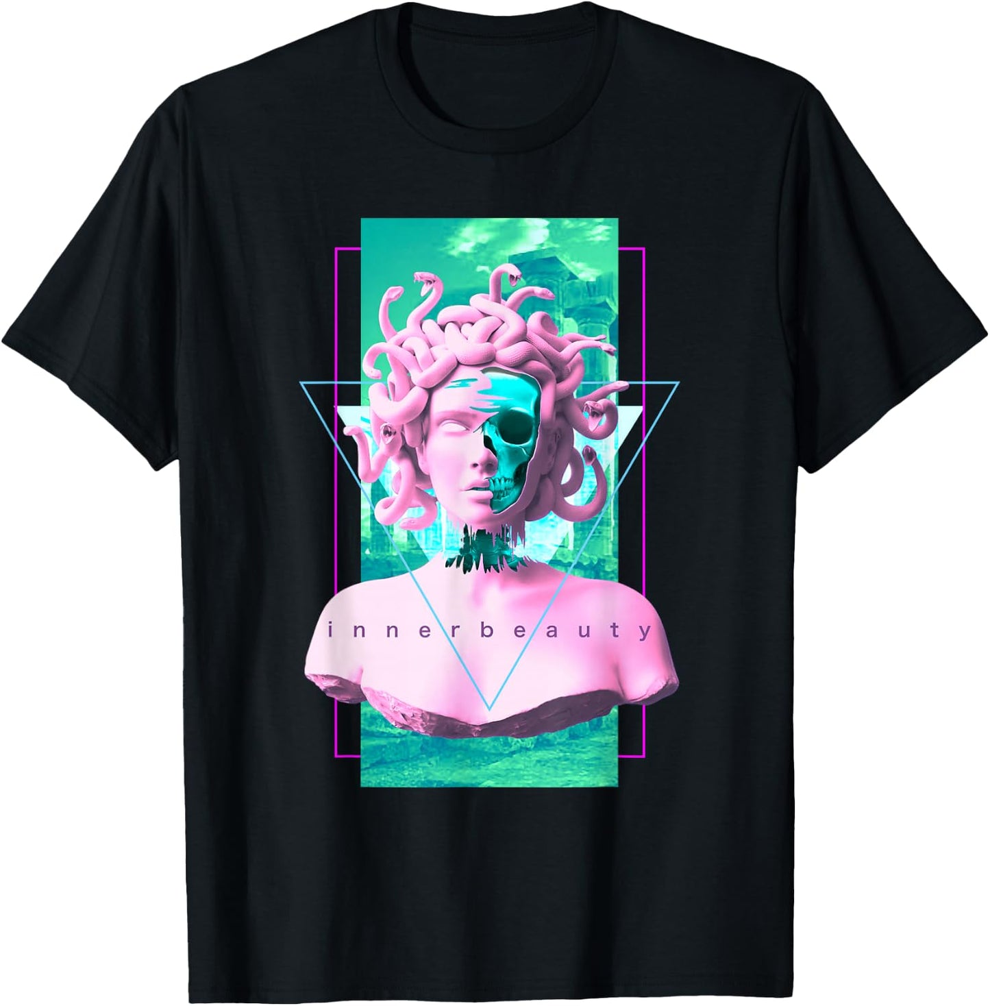 Vaporwave Medusa Skull Statue Aesthetic Art Retro T-Shirt - T-Shirt | Black