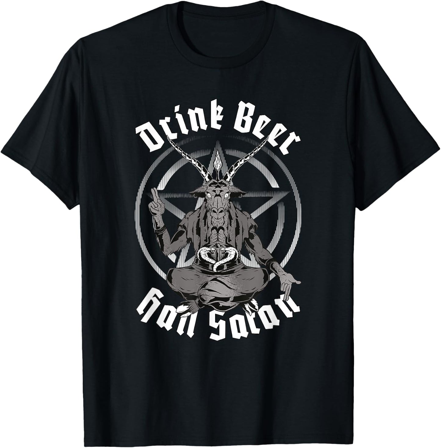 Baphomet Goat Pentagram Drink Beer Hail Satan Occultism T-Shirt - T-Shirt | Black