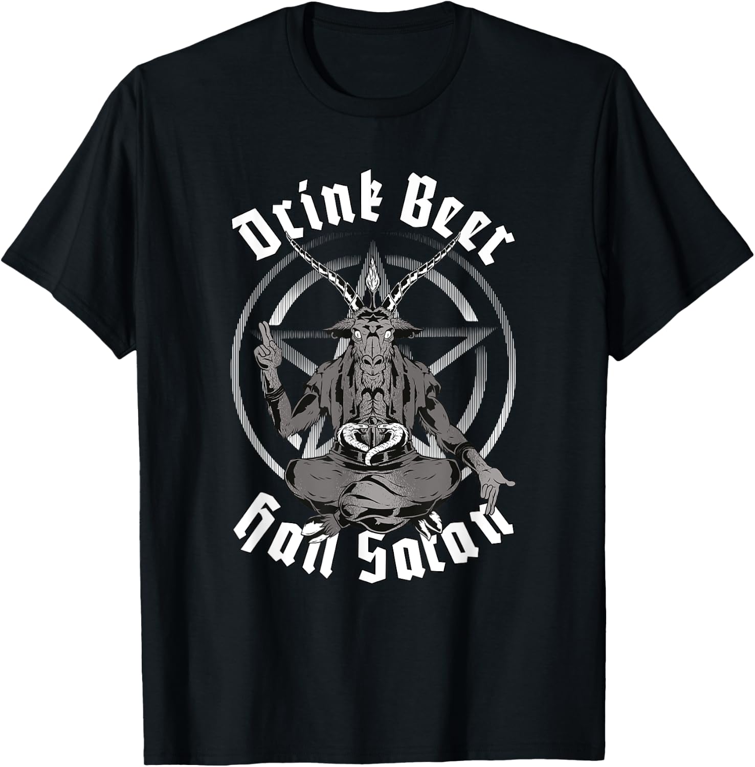 Baphomet Goat Pentagram Drink Beer Hail Satan Occultism T-Shirt - T-Shirt | Black