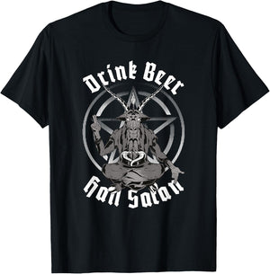 Baphomet Goat Pentagram Drink Beer Hail Satan Occultism T-Shirt - T-Shirt | Black