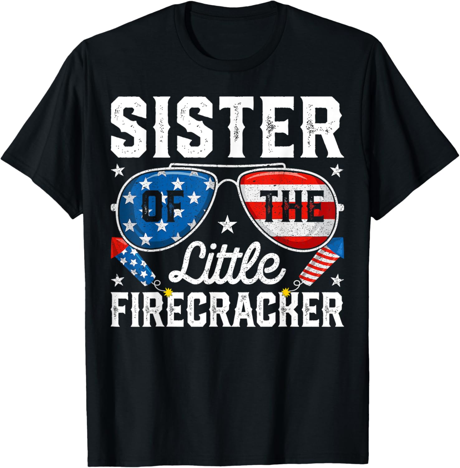4th of July Birthday Sister Of The Little Firecracker T-Shirt - T-Shirt | Black