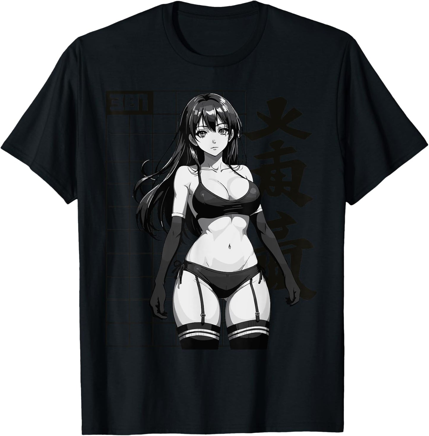 Sexy Waifu Otaku Anime Girl Japanese in Black and White Art T-Shirt - T-Shirt | Black