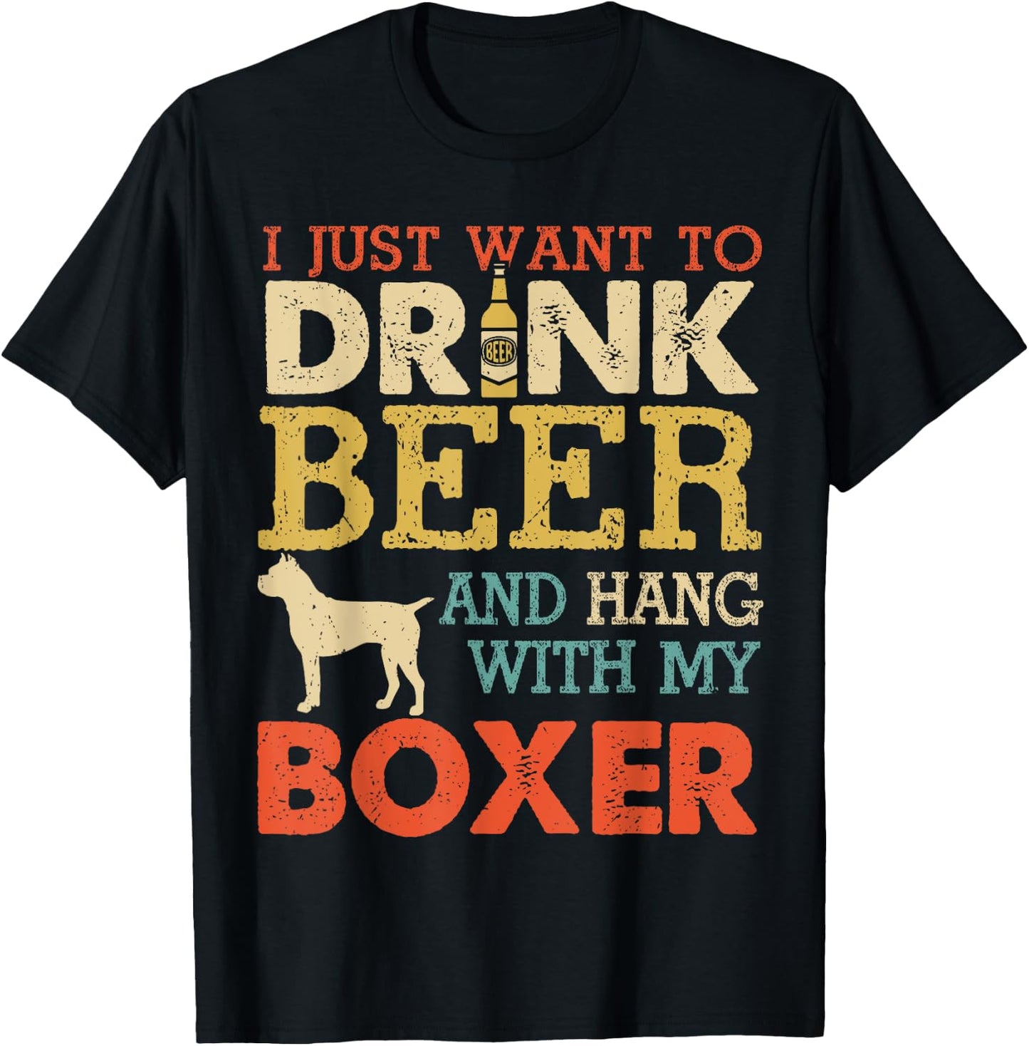 Boxer Dad Drink Beer Hang With Dog Funny Men Vintage T-Shirt - T-Shirt | Black