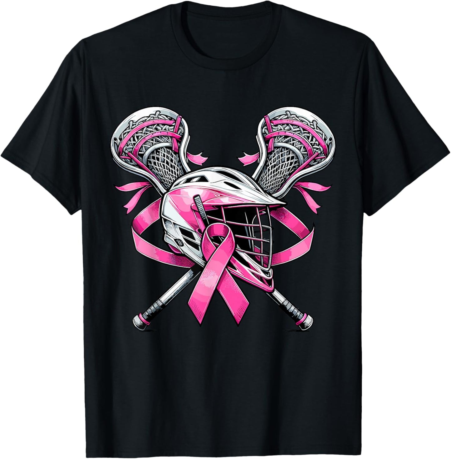 Lacrosse Pink Ribbon Breast Cancer Awareness Sport Lover T-Shirt - T-Shirt | Black