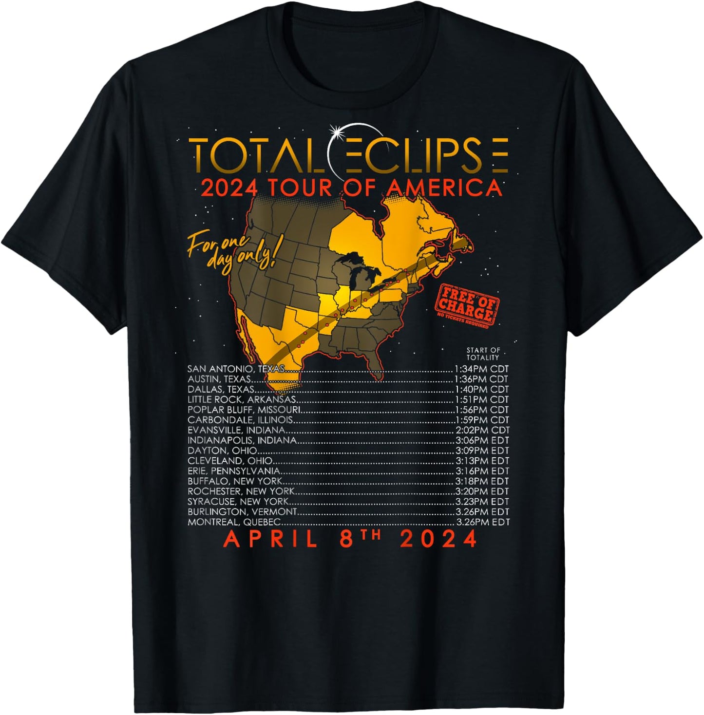 Total Solar Eclipse 2024 Tour of America 04.08.24 T-Shirt - T-Shirt | Black
