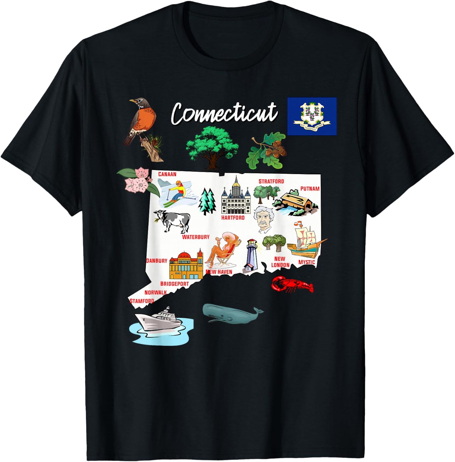 Illustrated map of Connecticut in the USA, cities T-Shirt - T-Shirt | Black