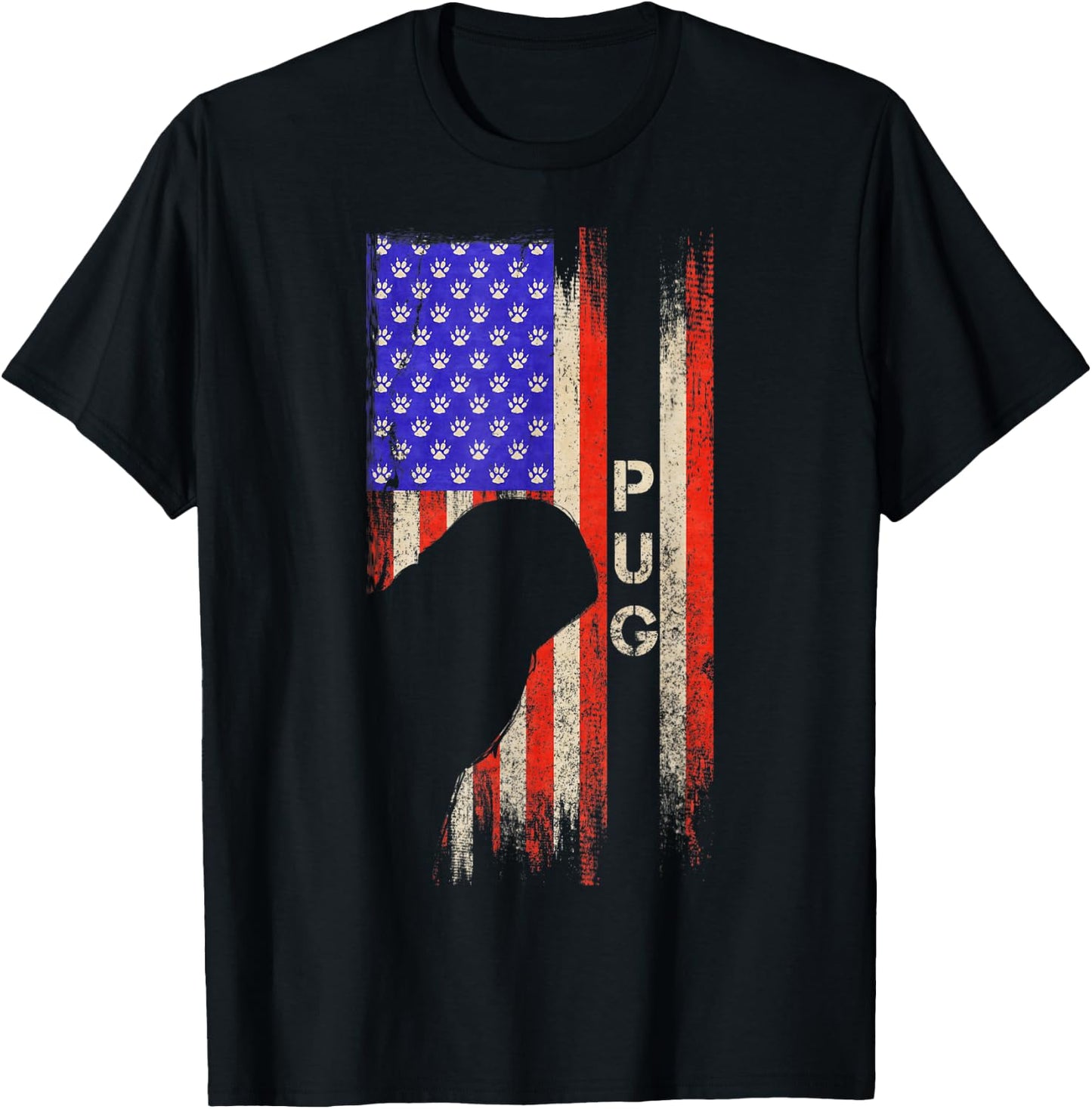 Vintage USA American Flag Pug Dog Silhouette Distressed Kids Men T-Shirt - T-Shirt | Black