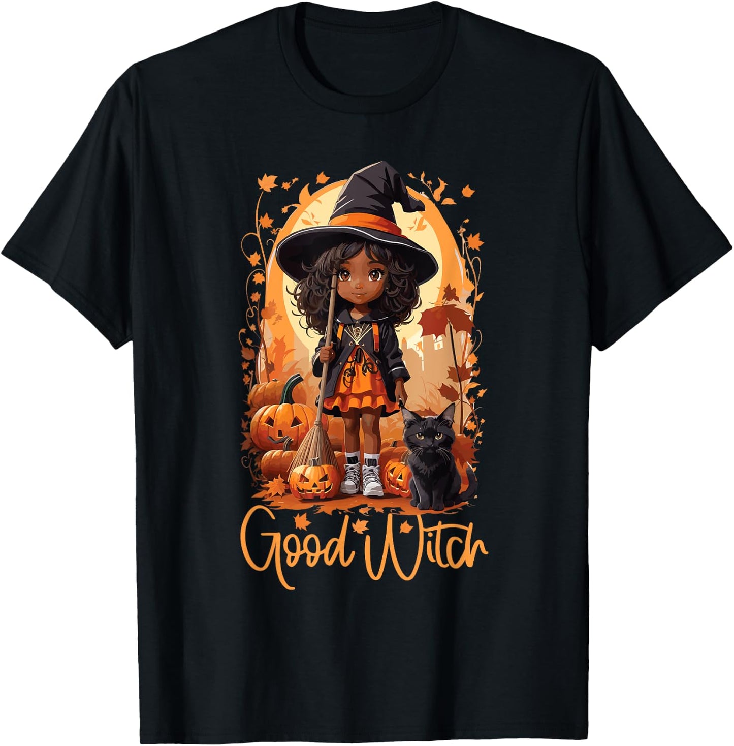 Good Witch Cute Girl African American Witch Funny Halloween T-Shirt - T-Shirt | Black