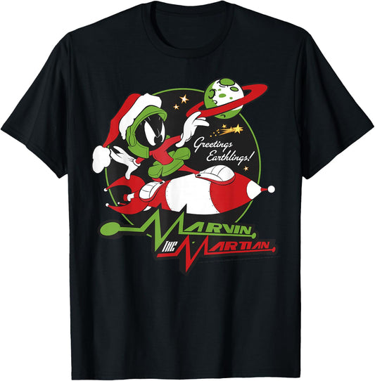 Looney Tunes Christmas Marvin The Martian Greetings T-Shirt - T-Shirt | Black