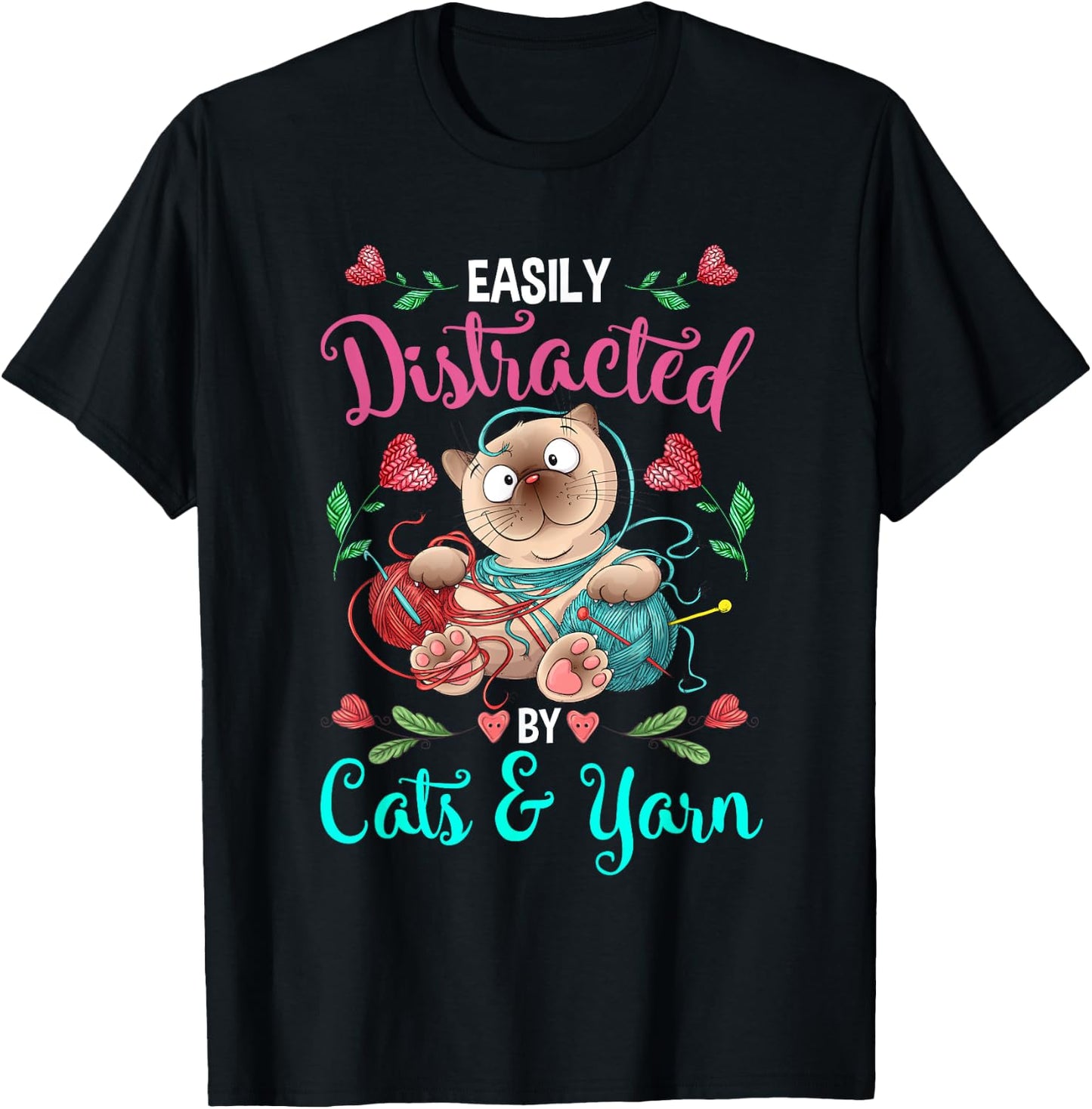 Cats and Yarn Addicted Funny Crochet Woman T-Shirt - T-Shirt | Black