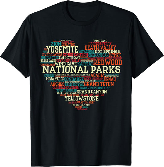 National Parks List Word Cloud heart Camping Men Women Kids T-Shirt - T-Shirt | Black