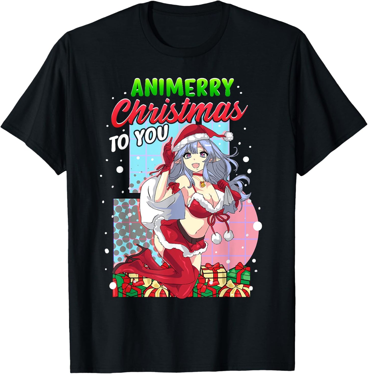 Animerry Christmas Cute Anime Girl Santa Claus Dress Costume T-Shirt - T-Shirt | Black