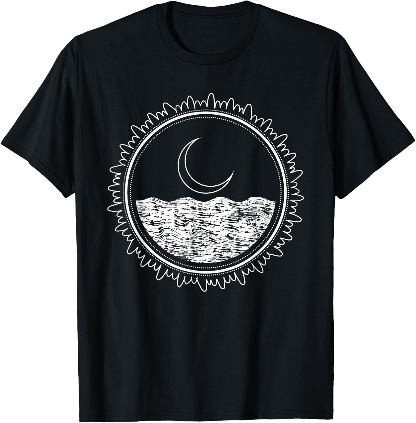 Crescent Moon Sea Night Sky Minimal Line Art Minimalist Gift T-Shirt - T-Shirt | Black