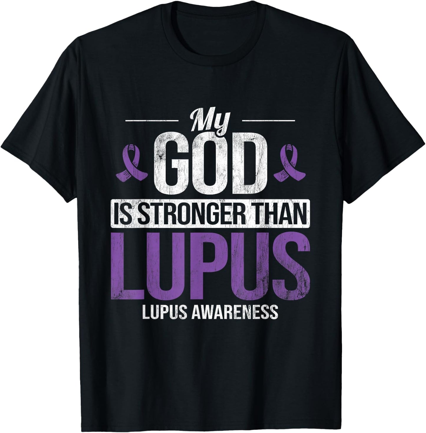My God Stronger Than Lupus Lupus Awareness SLE Purple Ribbon T-Shirt - T-Shirt | Black