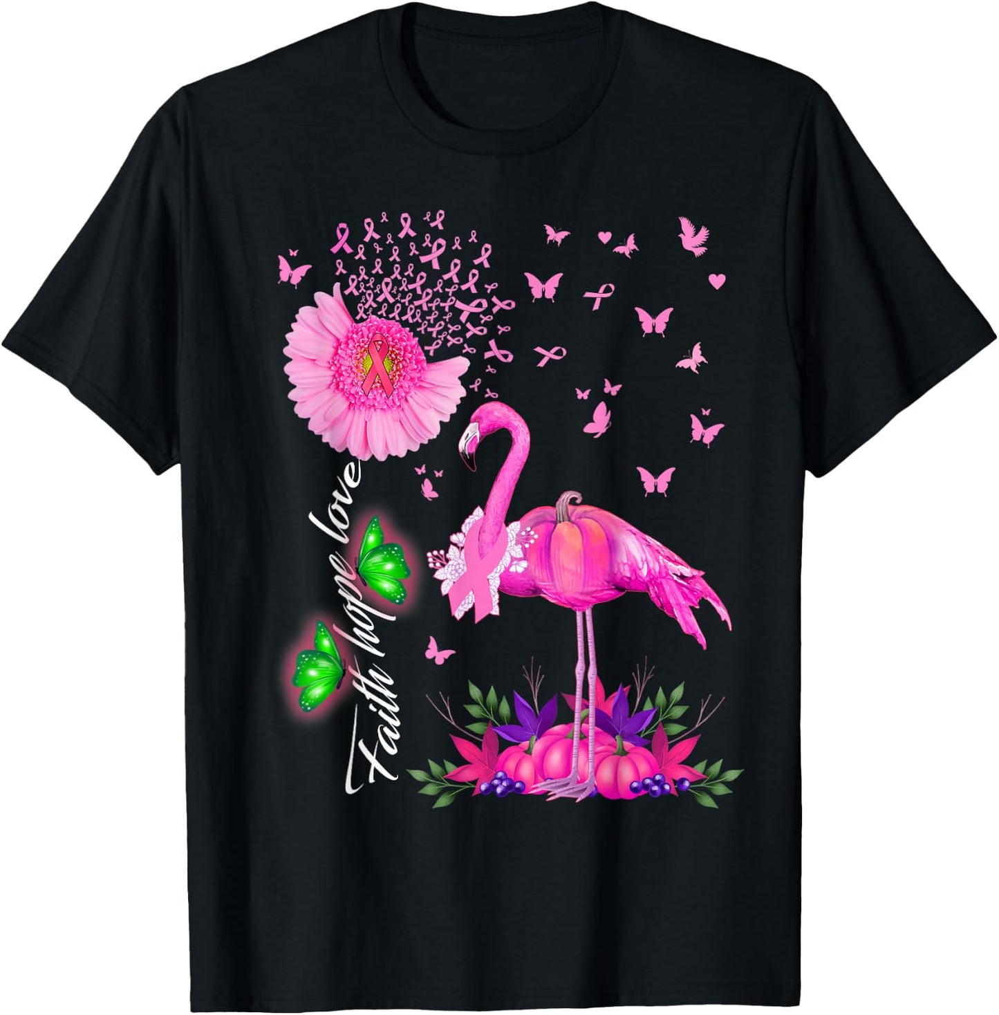 Flamingo Faith Hope Love Pink Pumpkin Ribbon Breast Cancer T-Shirt - T-Shirt | Black