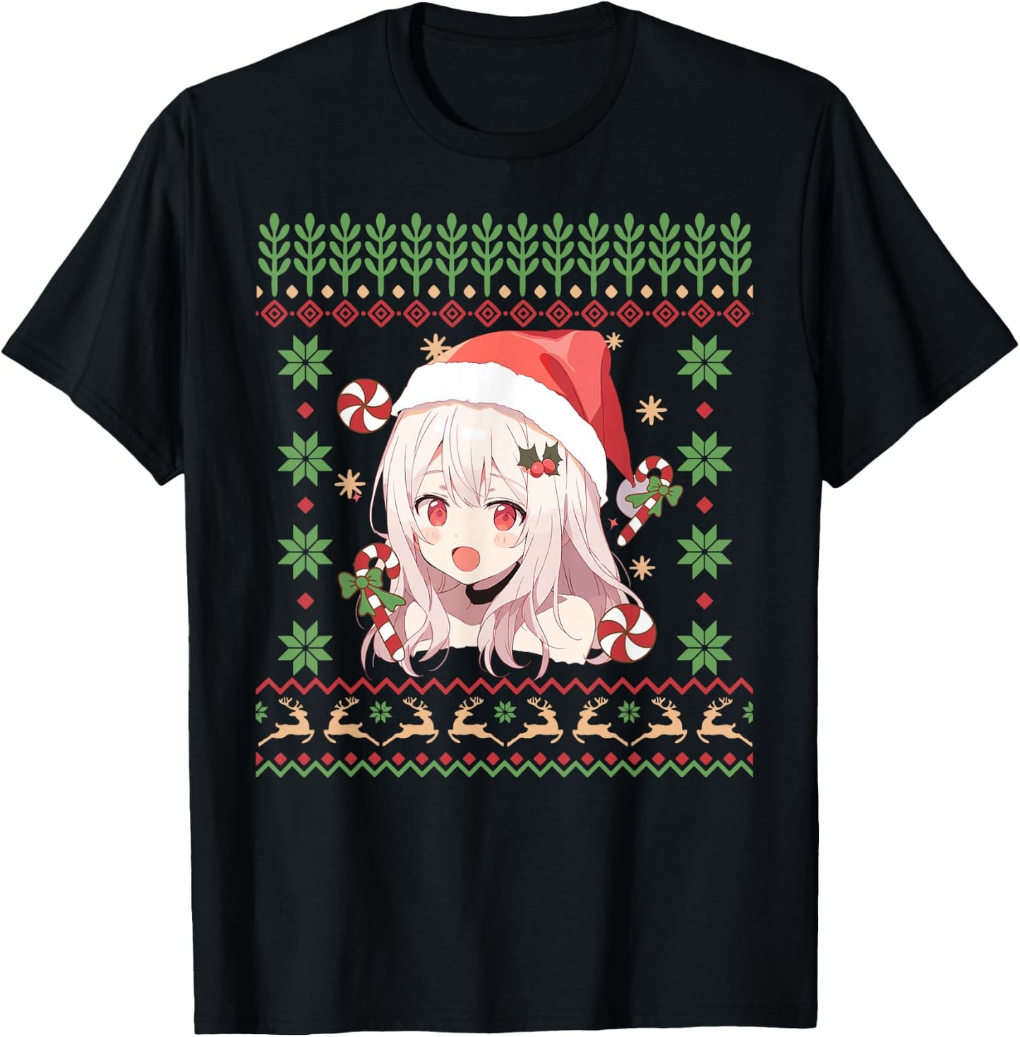 Cute Anime Girl Santa Hat Ugly Sweater Anime Otaku Christmas T-Shirt - T-Shirt | Black