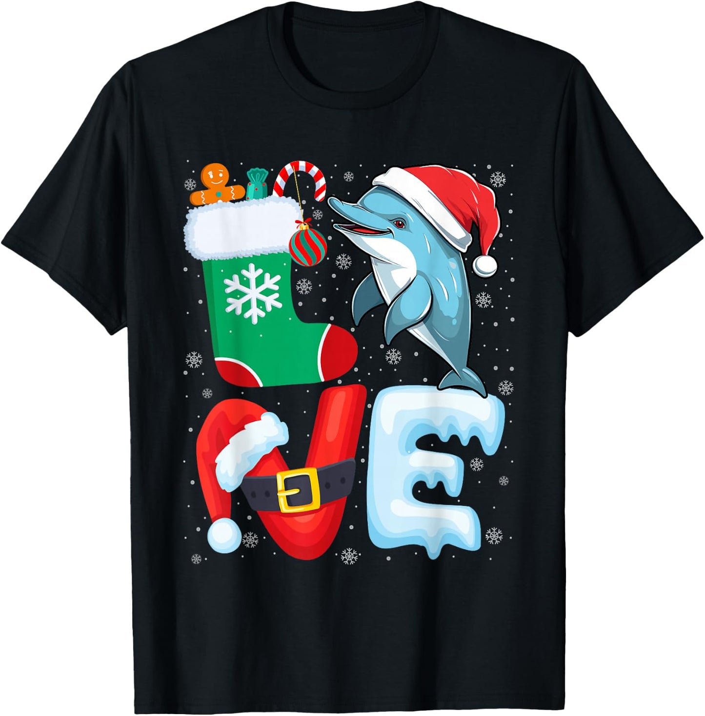 Dolphin Christmas Shirt Dolphin Wearing Santa Hat Xmas T-Shirt - T-Shirt | Black