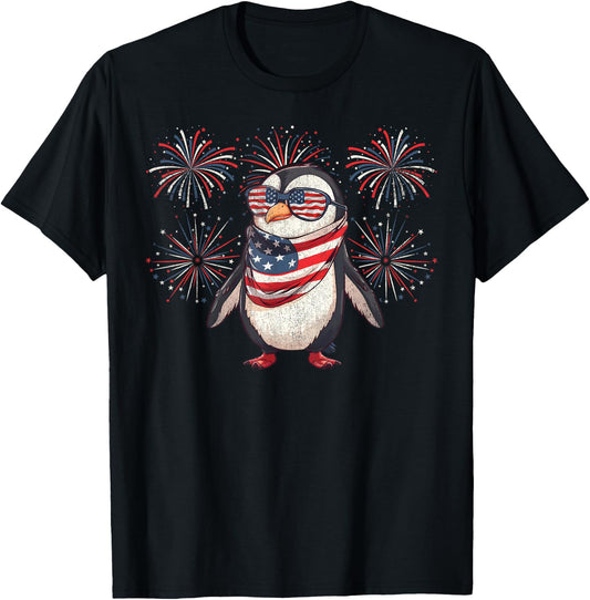 Penguin 4th Of July Sunglasses American Flag Fireworks T-Shirt - T-Shirt | Black