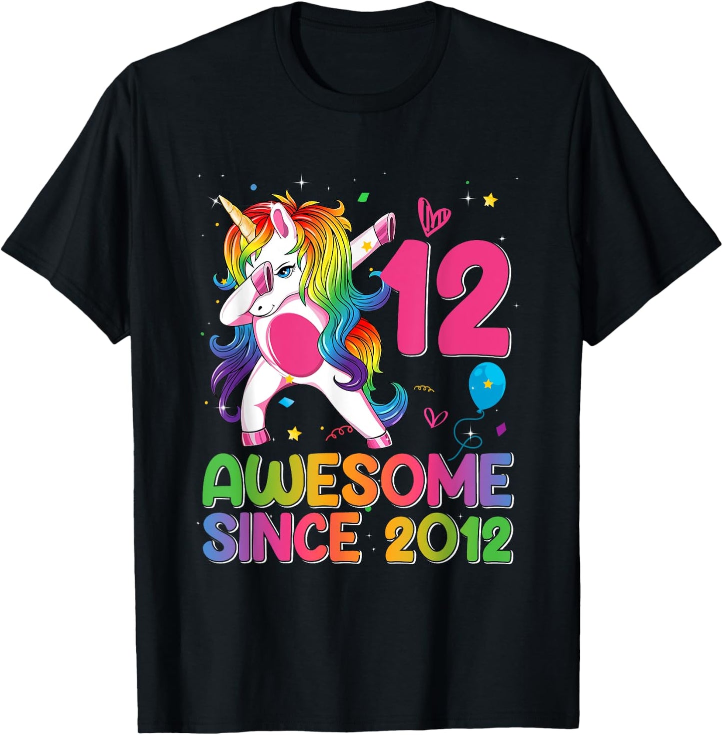 12 Years Old Awesome Since 2012 12th Birthday Unicorn Girls T-Shirt - T-Shirt | Black